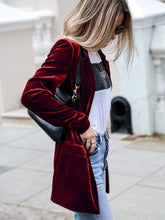 Aurohaya Velvet Blazer for Women Elegant Mid-Length Buttoned Jacket